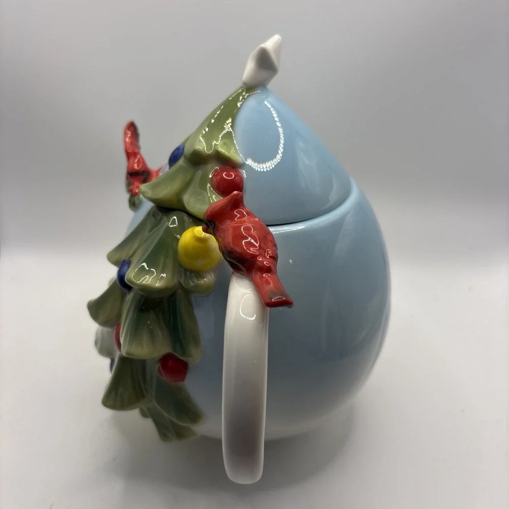 Vtg Pier 1 Imports Christmas Tree & Cardinal 3D Hand-painted‎ Porcelain Teapot